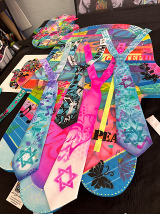 NANDANIE X Taryn Treisman hand painted screen printed ties supporting Israeli hostages