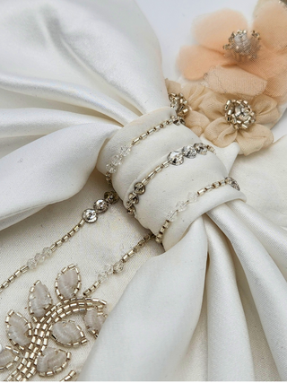 closeup of glass beadwork and silk embroidery on blossoming jenny bow