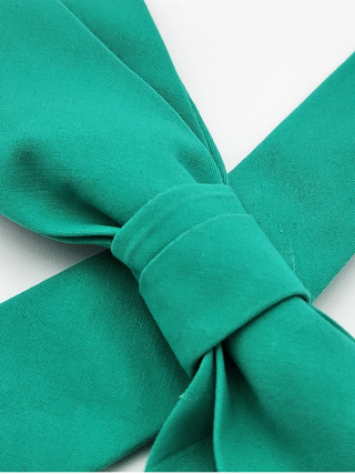Close-up of a green fabric bow on a white background