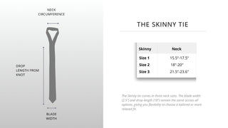 Image of Skinny necktie and how to measure for the correct fit per size.