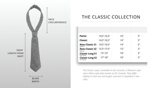 Image of Classic necktie with measurements for collection including Petite, Classic, New Classic and Mens