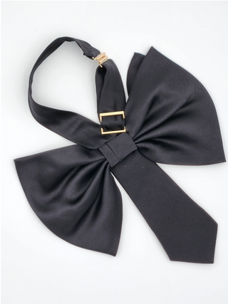 flat view of black silk charmeuse bow tie featuring gold adjustable clasp