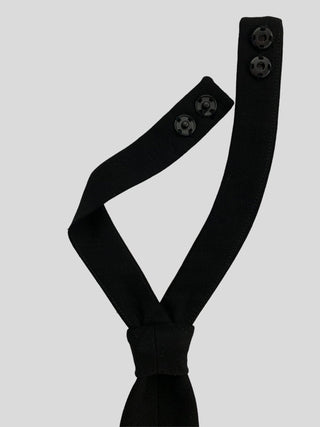 Back view of black petite necktie featuring adjustable black snaps