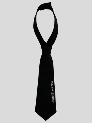 Flat image of black petite necktie with 'Little Black Tie' text 