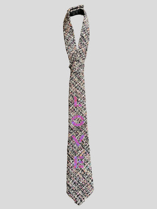 metallic tweed necktie featuring the word Love hand painted in pink iridescence 