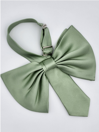 Flat image of sage green silk charmeuse bow with nickel adjustable clasp