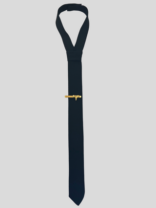 Flat view of skinny black necktie with tiebar