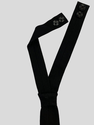 Back view of tailored black classic necktie featuring adjustable black snaps.