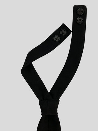 Back view of adjustable snaps on black tailored petite with tie bar